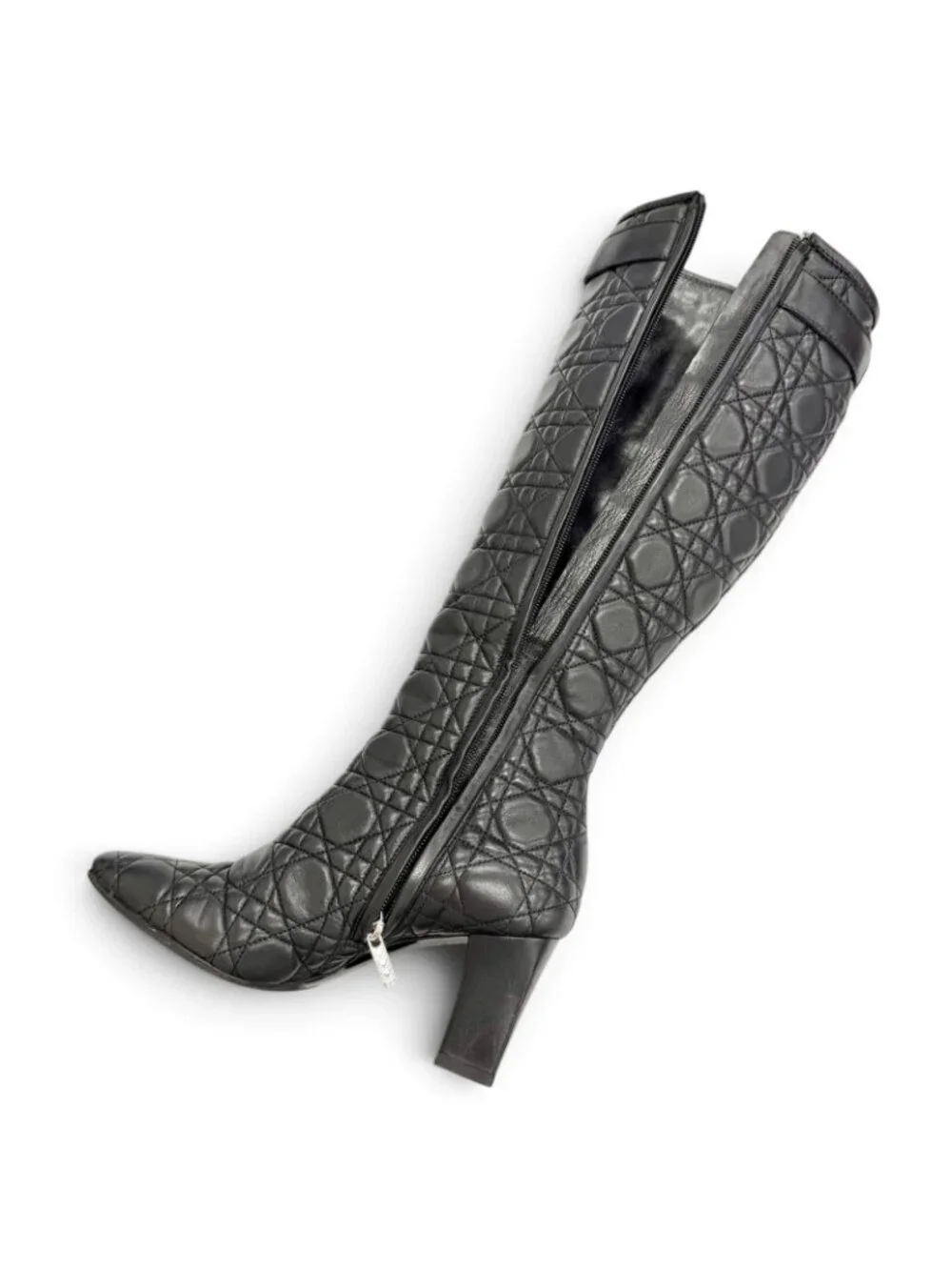 Dior Cannage Side Zip Leather Long Boots Black Silver